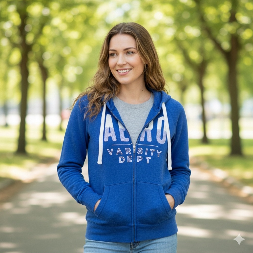Aeropostale Blue "AERO Varsity Dept" Full Zip Hoodie Womens Size Small Y2K